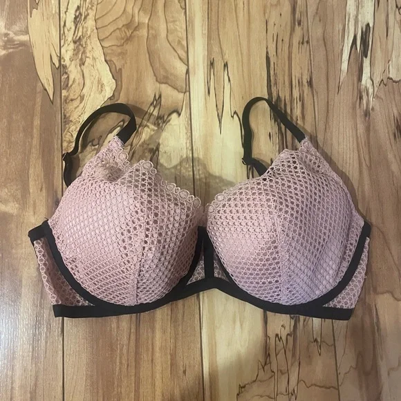 Victoria's Secret Pink Sparkle Lace plunge Push-Up Bra with Black Trim 34DD - Picture 2 of 9